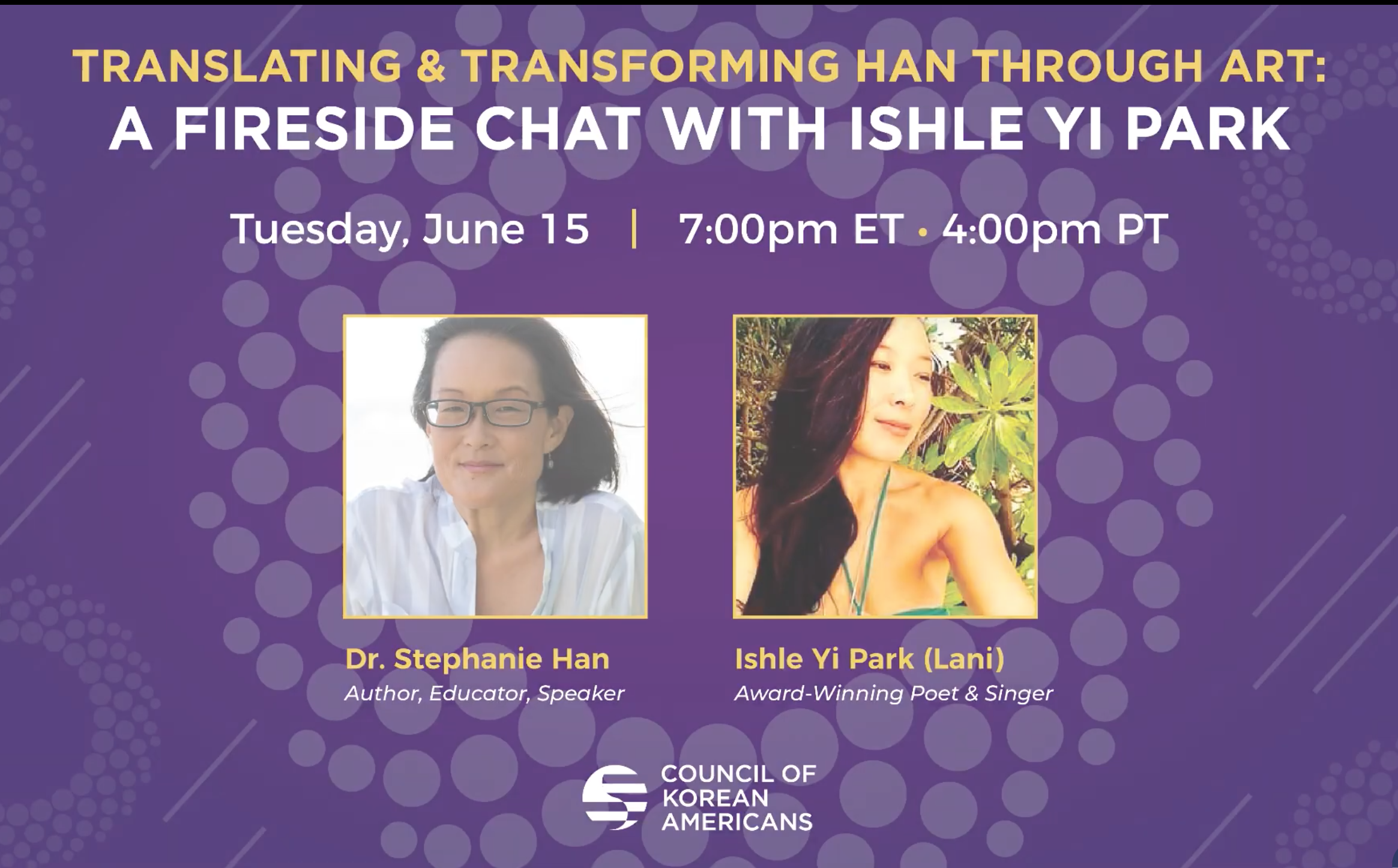 Flyer for Dr. Stephanie Han and Ishle Yi Park Fireside Chat